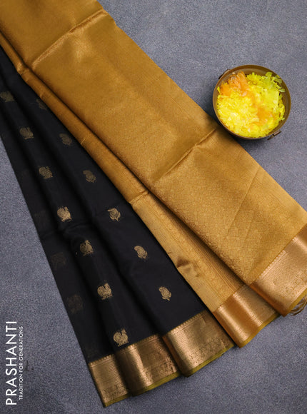 Kora silk cotton saree black and dark mustard with paisley & annam zari woven buttas and zari woven border