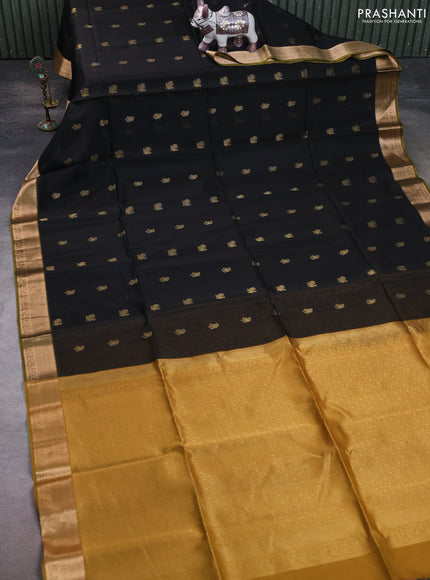 Kora silk cotton saree black and dark mustard with paisley & annam zari woven buttas and zari woven border