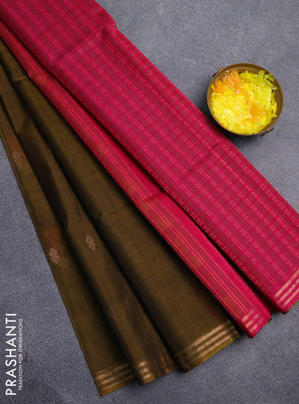 Kora silk cotton saree dark mehendi and pink with zari woven buttas and zari woven border