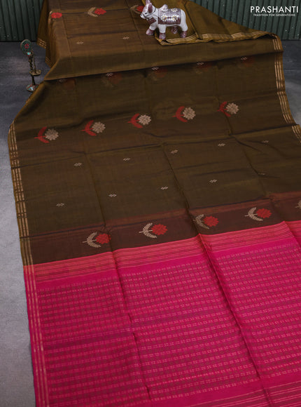Kora silk cotton saree dark mehendi and pink with zari woven buttas and zari woven border