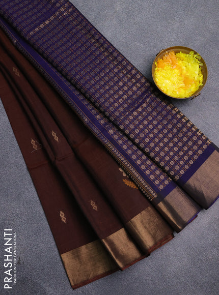 Kora silk cotton saree rust shade and dark blue with zari woven buttas and zari woven border