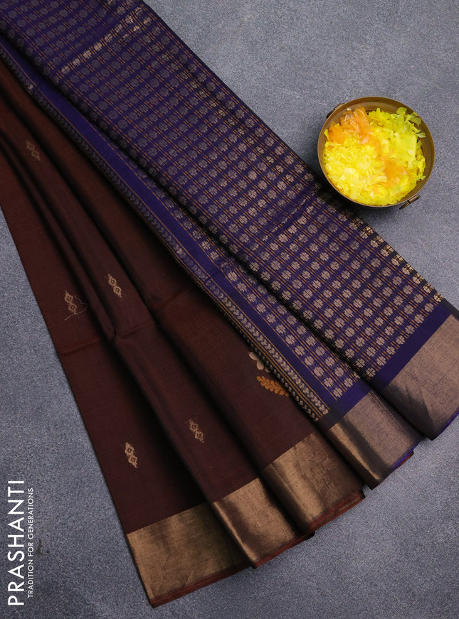 Kora silk cotton saree rust shade and dark blue with zari woven buttas and zari woven border