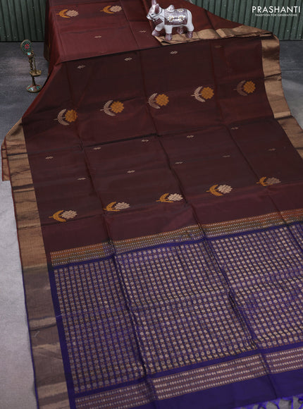 Kora silk cotton saree rust shade and dark blue with zari woven buttas and zari woven border