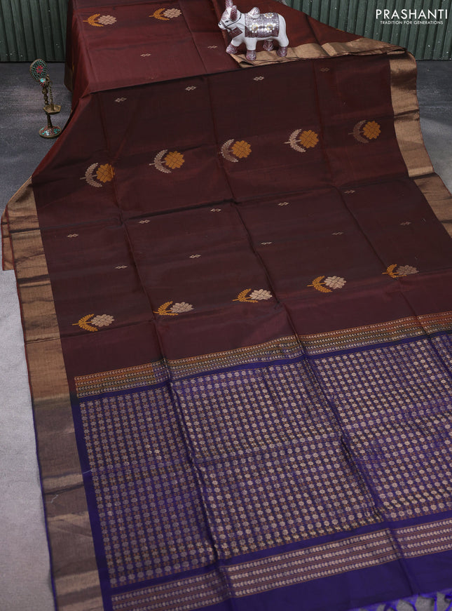 Kora silk cotton saree rust shade and dark blue with zari woven buttas and zari woven border