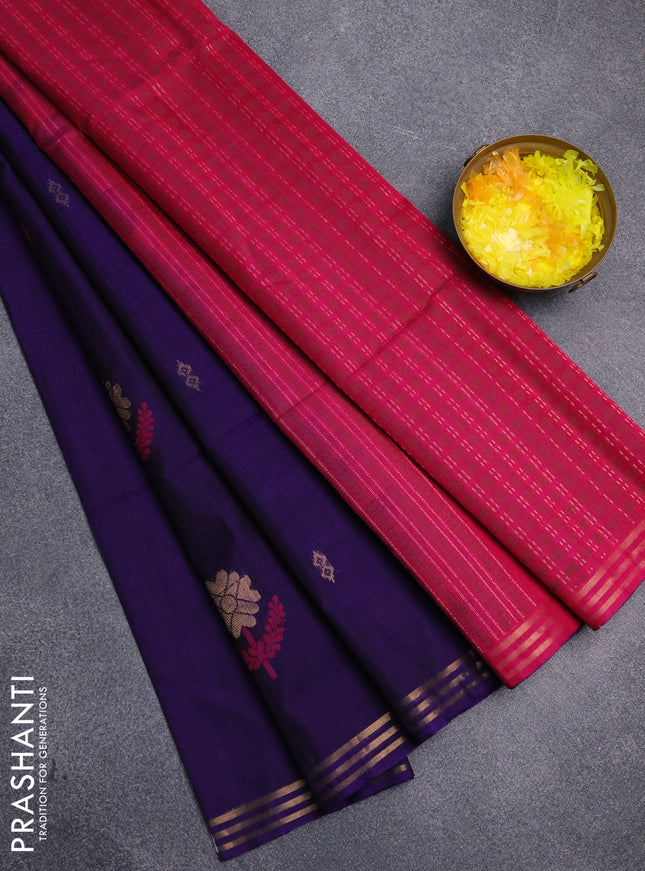 Kora silk cotton saree violet and dark pink with zari woven buttas and zari woven border