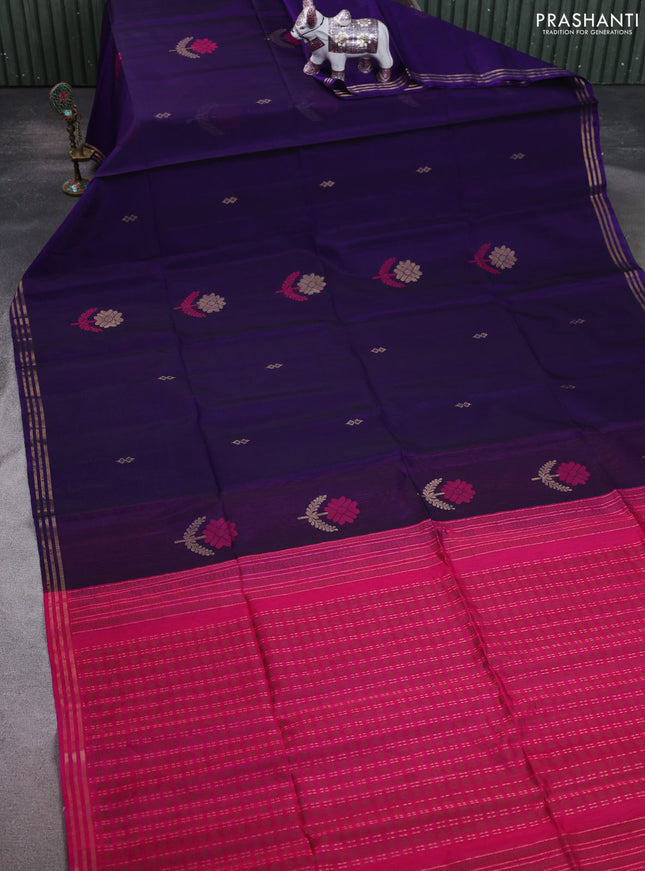Kora silk cotton saree violet and dark pink with zari woven buttas and zari woven border