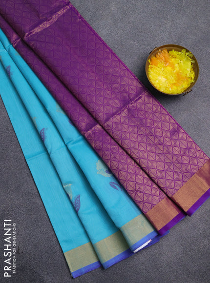 Kora silk cotton saree sky blue and purple with thread & zari woven floral buttas and zari woven border