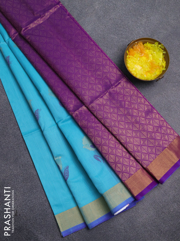 Kora silk cotton saree sky blue and purple with thread & zari woven floral buttas and zari woven border