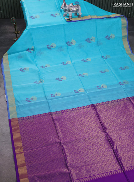 Kora silk cotton saree sky blue and purple with thread & zari woven floral buttas and zari woven border