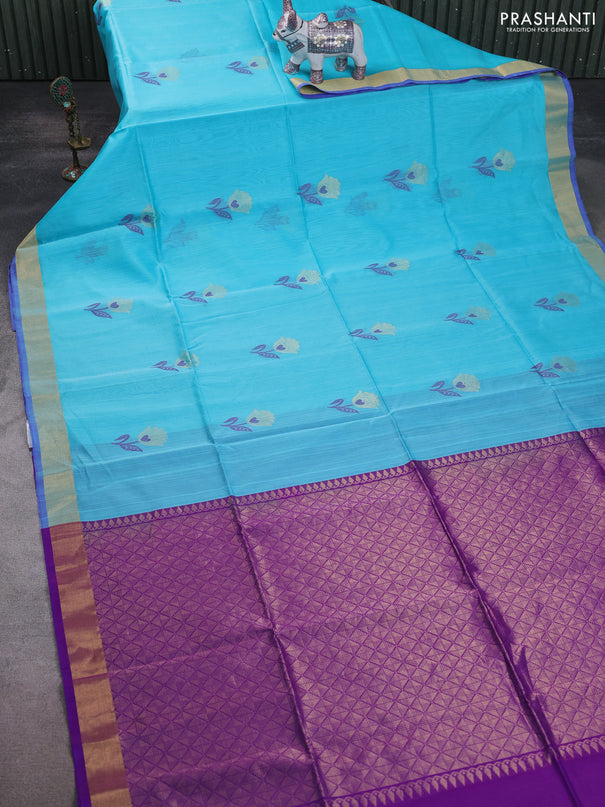 Kora silk cotton saree sky blue and purple with thread & zari woven floral buttas and zari woven border