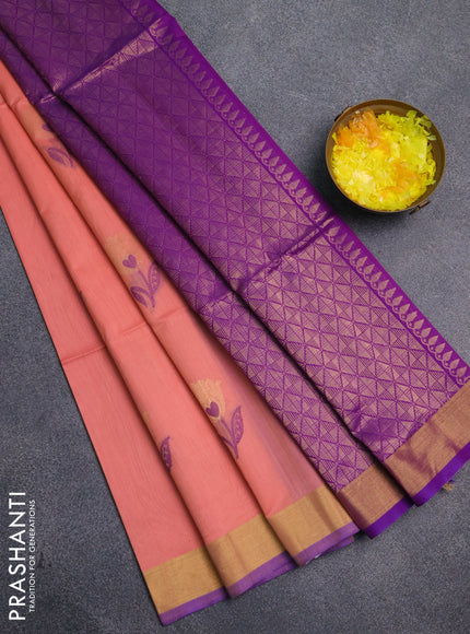 Kora silk cotton saree peach shade and purple with thread & zari woven floral buttas and zari woven border
