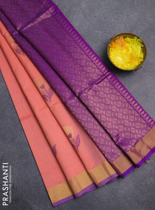 Kora silk cotton saree peach shade and purple with thread & zari woven floral buttas and zari woven border