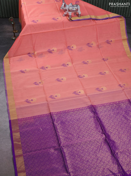 Kora silk cotton saree peach shade and purple with thread & zari woven floral buttas and zari woven border