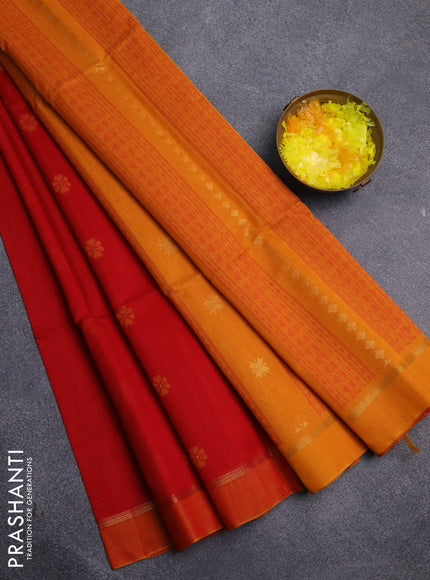 Kora silk cotton saree red and mustard yellow with thread & zari woven floral buttas and zari woven border