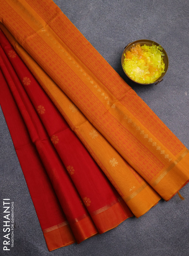 Kora silk cotton saree red and mustard yellow with thread & zari woven floral buttas and zari woven border