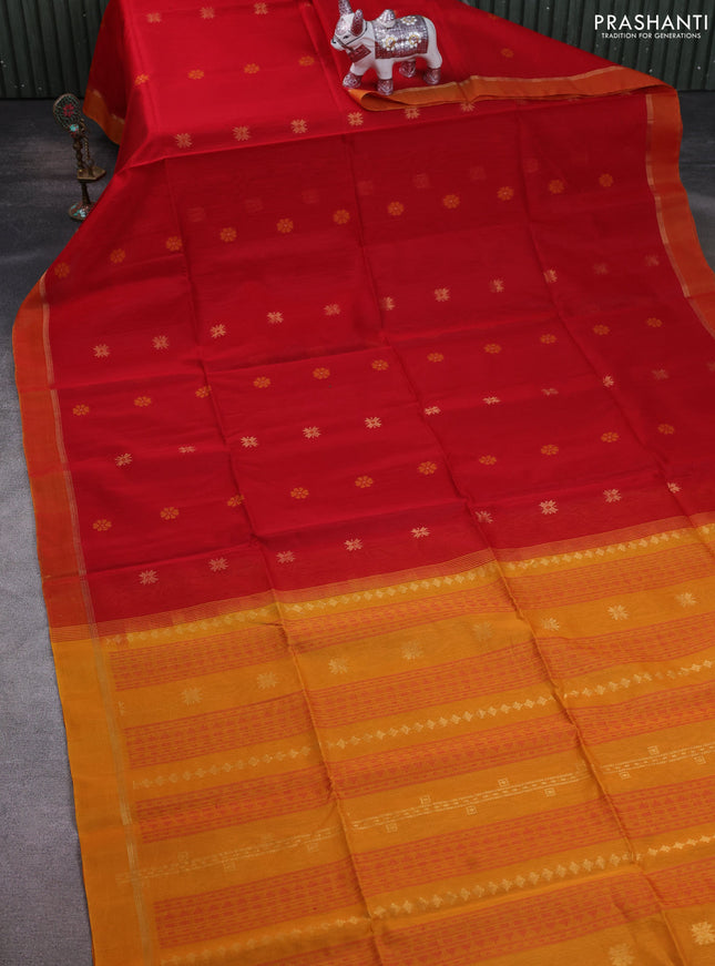 Kora silk cotton saree red and mustard yellow with thread & zari woven floral buttas and zari woven border