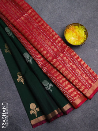 Kora silk cotton saree bottle green and reddish pink with silver & gold zari woven buttas and zari woven border