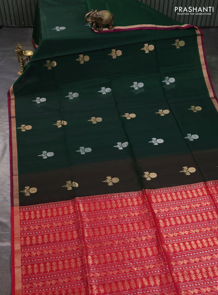 Kora silk cotton saree bottle green and reddish pink with silver & gold zari woven buttas and zari woven border