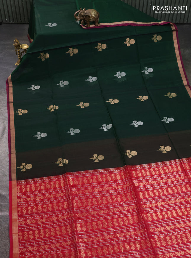 Kora silk cotton saree bottle green and reddish pink with silver & gold zari woven buttas and zari woven border