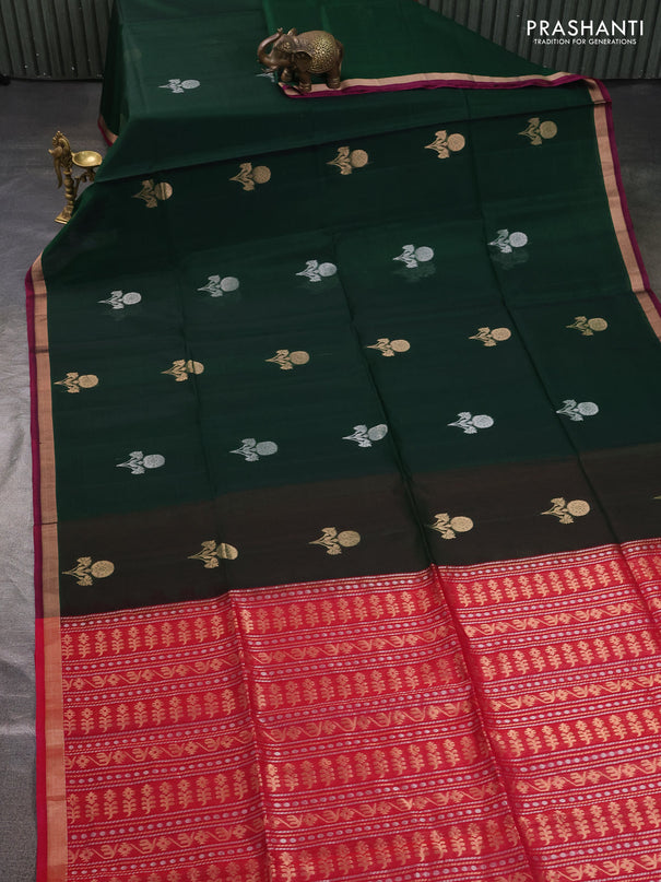 Kora silk cotton saree bottle green and reddish pink with silver & gold zari woven buttas and zari woven border
