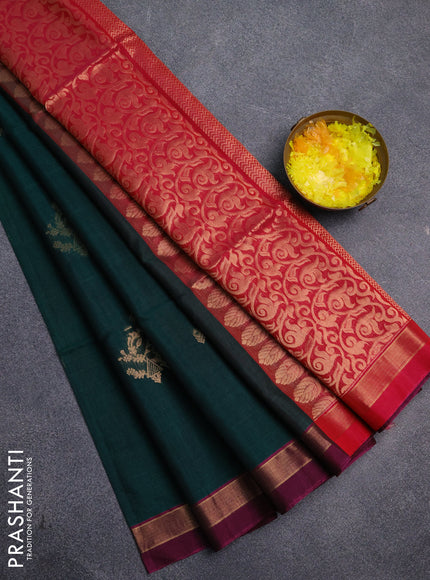 Kora silk cotton saree dark green and pink with zari woven buttas and zari woven border