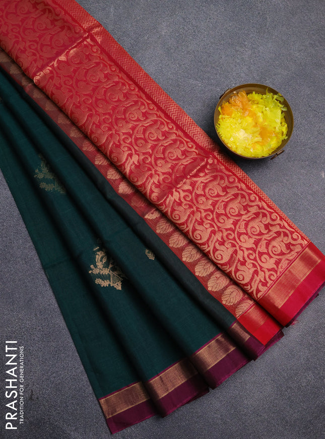 Kora silk cotton saree dark green and pink with zari woven buttas and zari woven border
