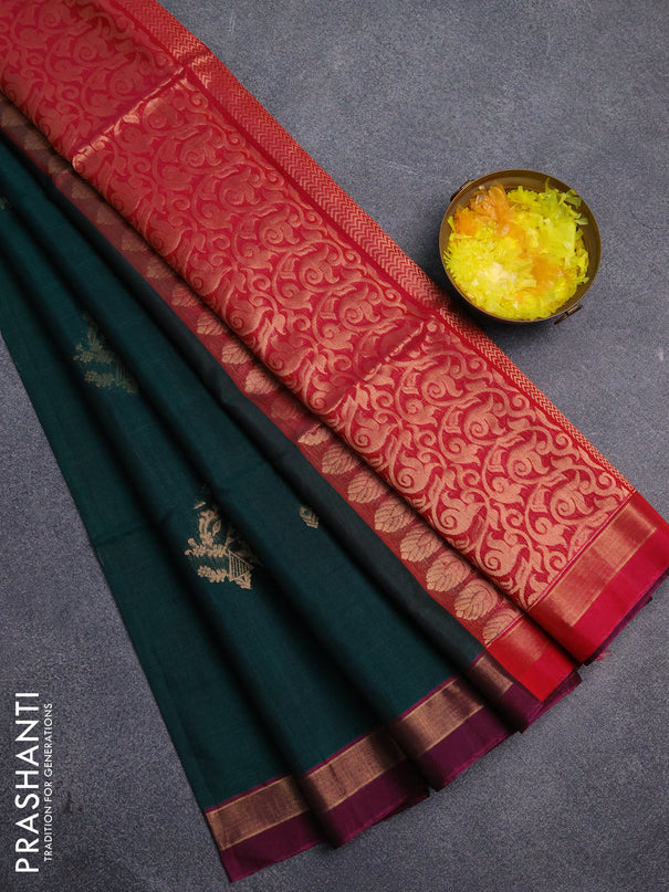 Kora silk cotton saree dark green and pink with zari woven buttas and zari woven border