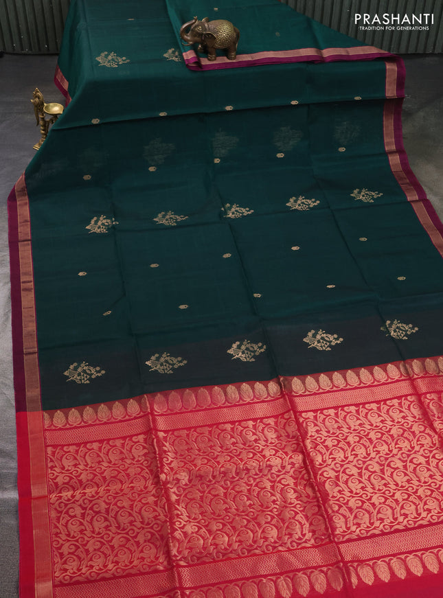 Kora silk cotton saree dark green and pink with zari woven buttas and zari woven border