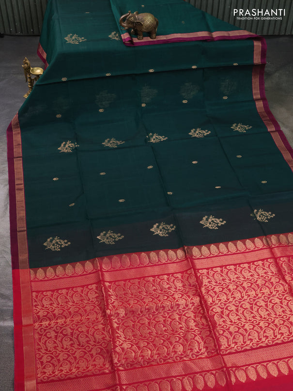 Kora silk cotton saree dark green and pink with zari woven buttas and zari woven border
