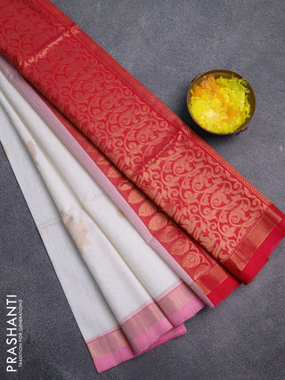 Kora silk cotton saree off white and pink with zari woven buttas and zari woven border