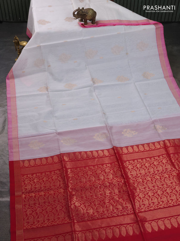 Kora silk cotton saree off white and pink with zari woven buttas and zari woven border