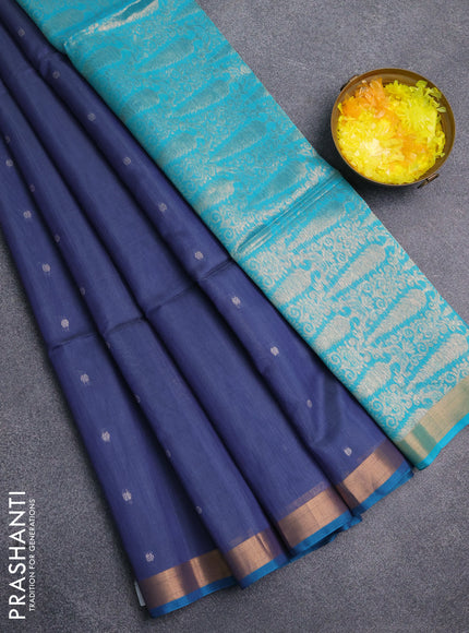 Kora silk cotton saree bluish grey and teal blue with allover silver zari woven buttas and zari woven border