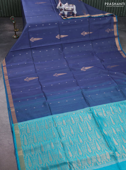 Kora silk cotton saree bluish grey and teal blue with allover silver zari woven buttas and zari woven border