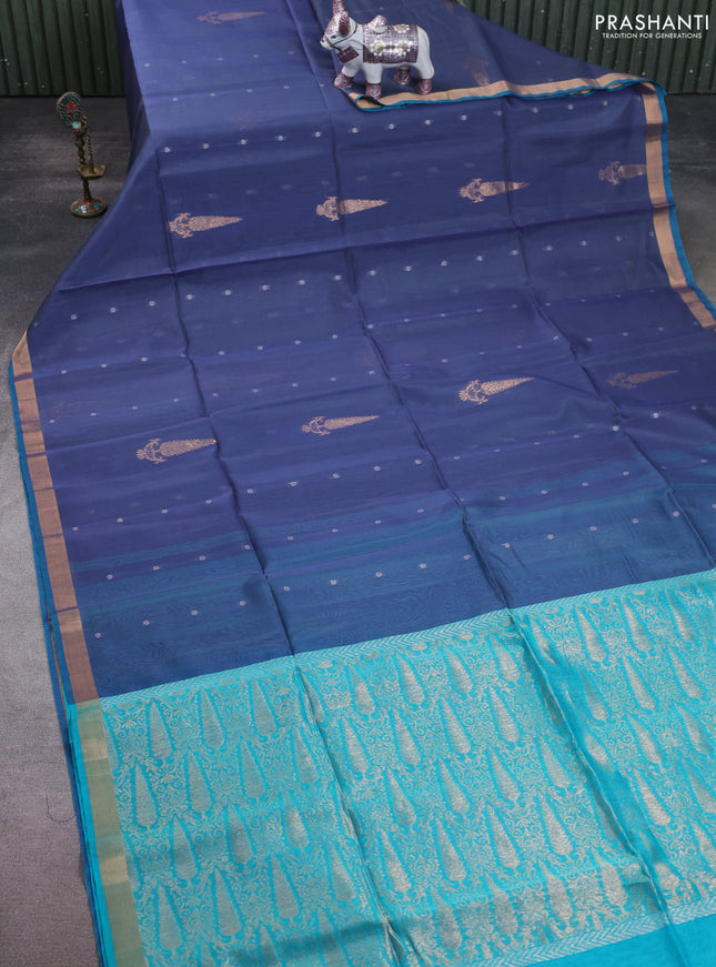 Kora silk cotton saree bluish grey and teal blue with allover silver zari woven buttas and zari woven border