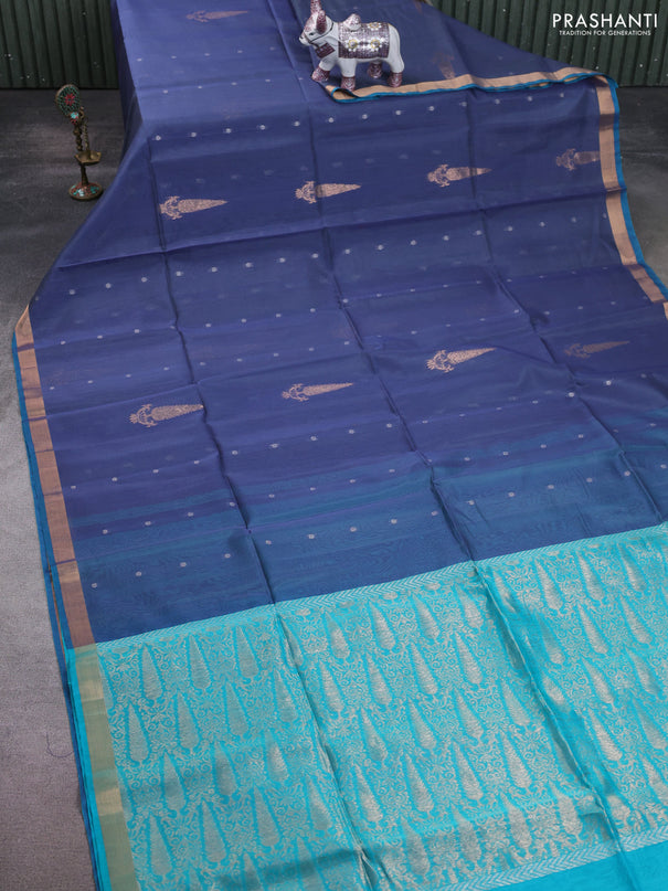 Kora silk cotton saree bluish grey and teal blue with allover silver zari woven buttas and zari woven border