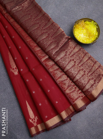 Kora silk cotton saree red and maroon with allover silver zari woven buttas and zari woven border