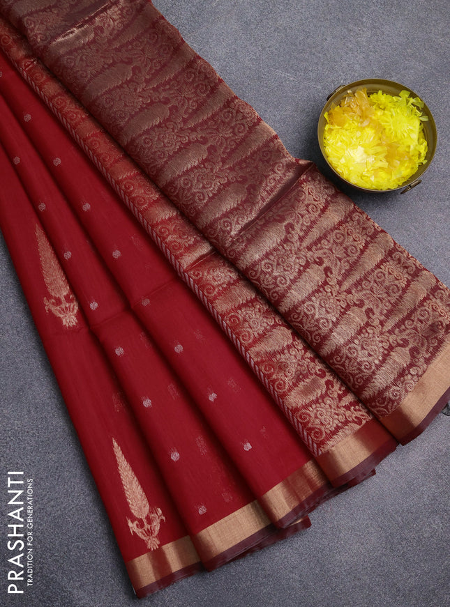 Kora silk cotton saree red and maroon with allover silver zari woven buttas and zari woven border