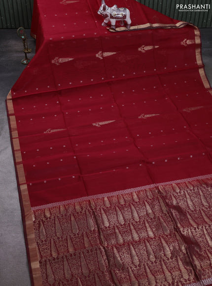 Kora silk cotton saree red and maroon with allover silver zari woven buttas and zari woven border
