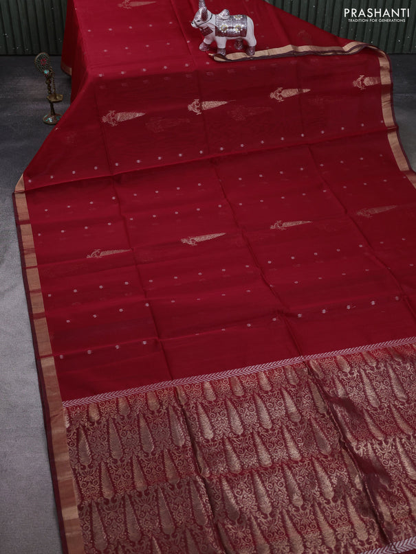 Kora silk cotton saree red and maroon with allover silver zari woven buttas and zari woven border