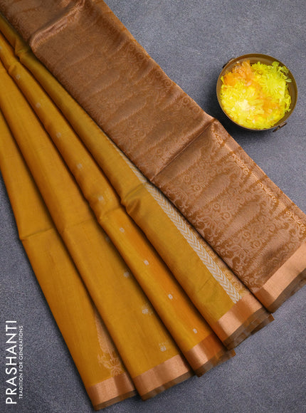 Kora silk cotton saree mustard yellow and dark mustard with allover silver zari woven buttas and zari woven border