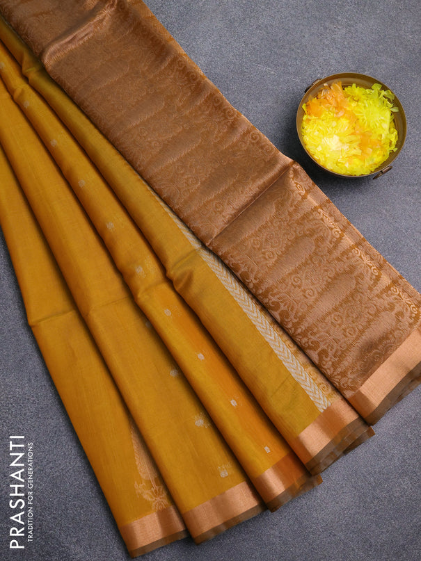 Kora silk cotton saree mustard yellow and dark mustard with allover silver zari woven buttas and zari woven border