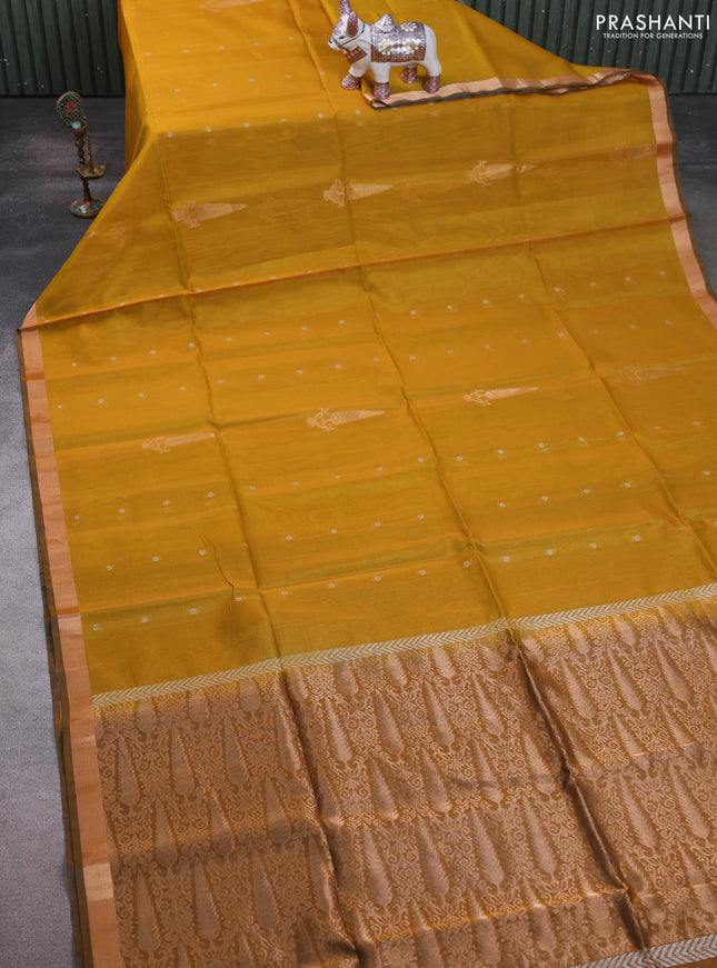 Kora silk cotton saree mustard yellow and dark mustard with allover silver zari woven buttas and zari woven border
