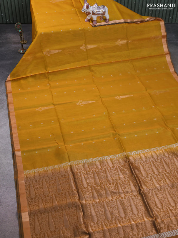 Kora silk cotton saree mustard yellow and dark mustard with allover silver zari woven buttas and zari woven border