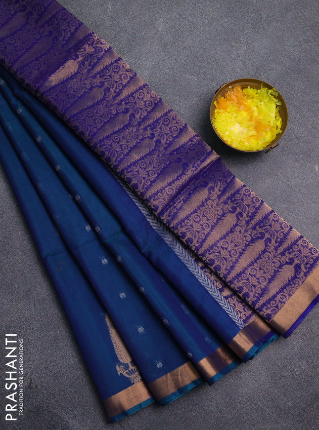 Kora silk cotton saree dual shade of bluish green and blue with allover silver zari woven buttas and zari woven border
