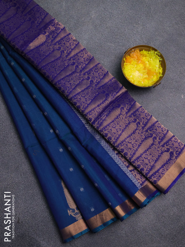 Kora silk cotton saree dual shade of bluish green and blue with allover silver zari woven buttas and zari woven border
