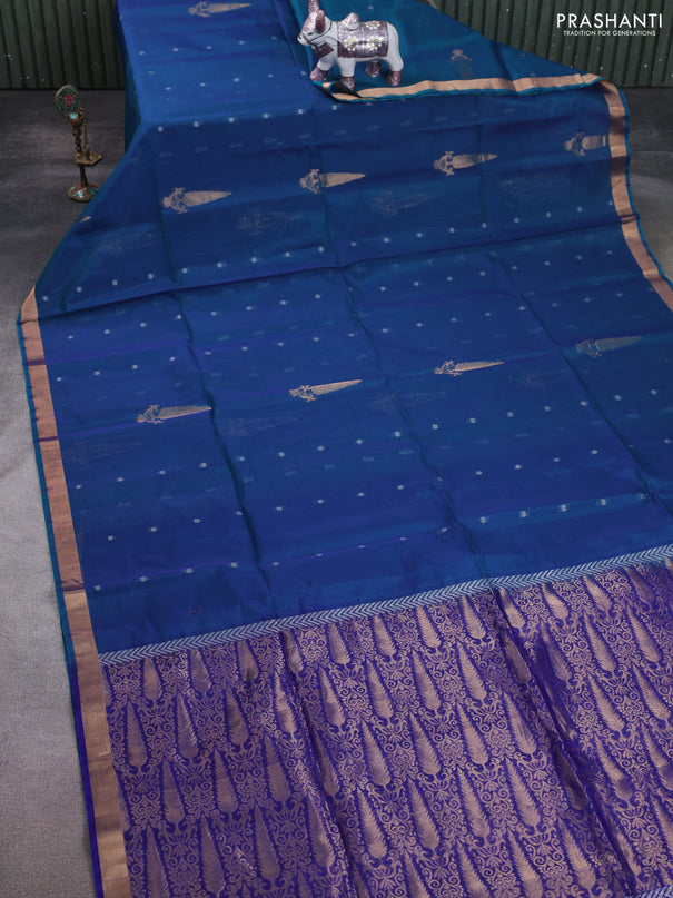 Kora silk cotton saree dual shade of bluish green and blue with allover silver zari woven buttas and zari woven border
