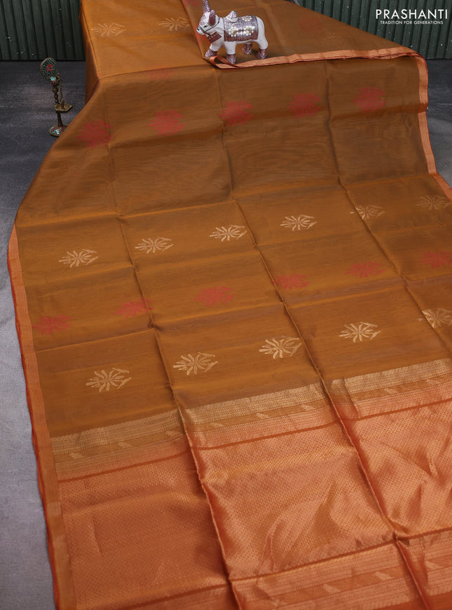 Kora silk cotton saree dark mustard and dual shade of dark mustard with allover zari woven buttas and zari woven border