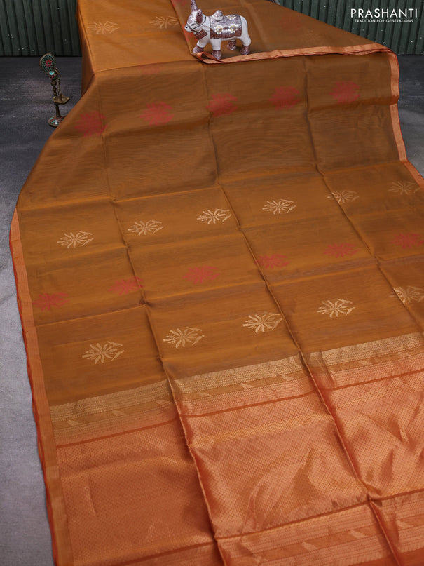 Kora silk cotton saree dark mustard and dual shade of dark mustard with allover zari woven buttas and zari woven border