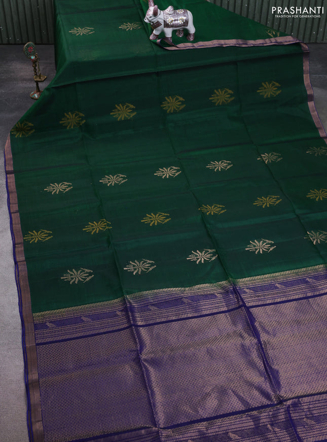 Kora silk cotton saree green and blue with allover zari woven buttas and zari woven border