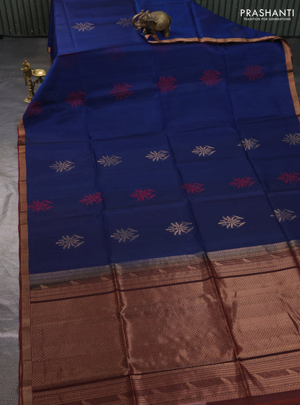 Kora silk cotton saree blue and rust shade with thread & zari woven buttas and zari woven border